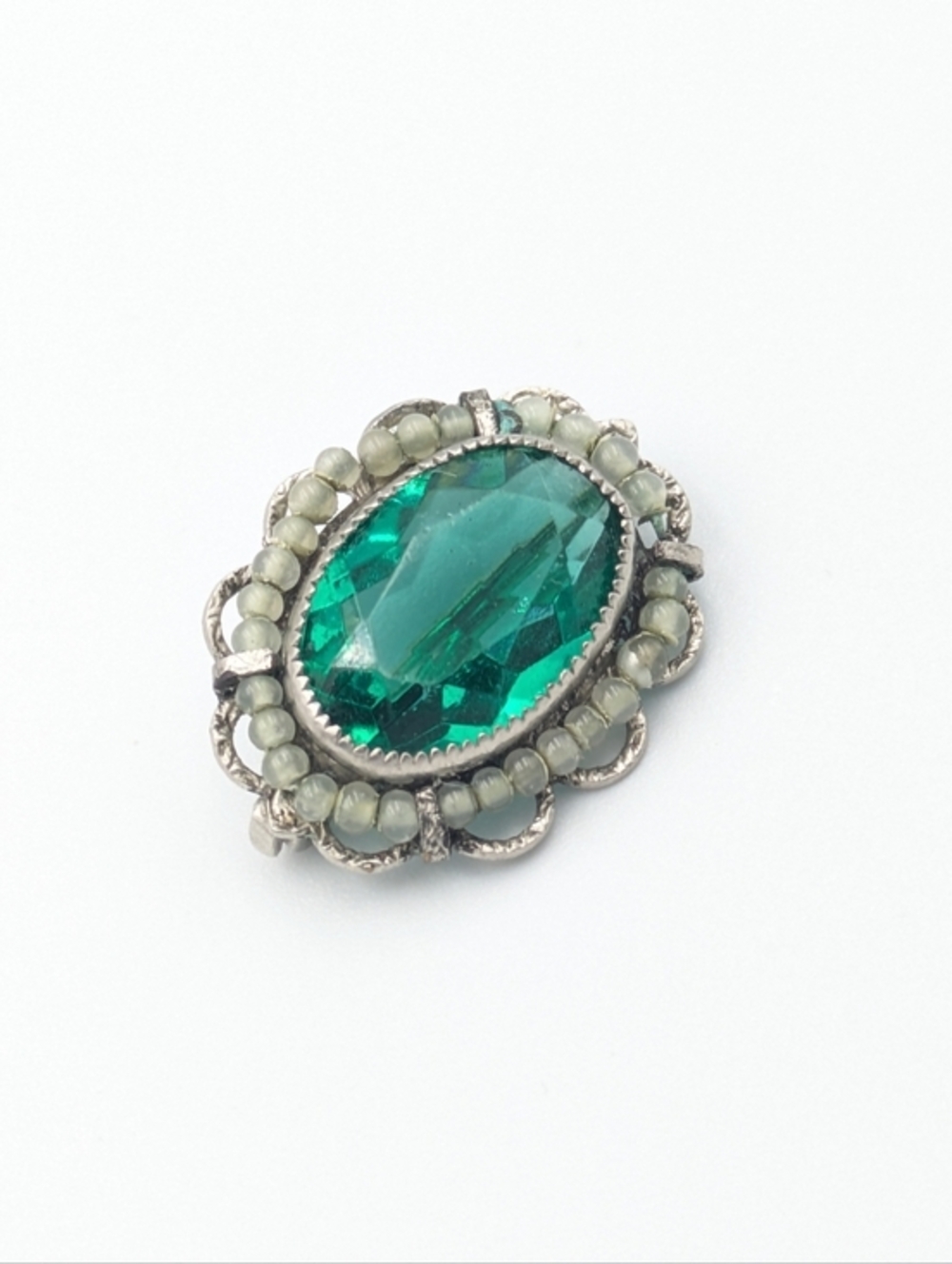 Antique art deco green glass silver tone small brooch pin READ
